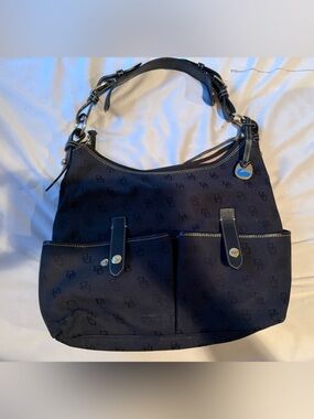 Dooney & Bourke Navy Monogram Nylon Shoulder Bag with Front Pockets